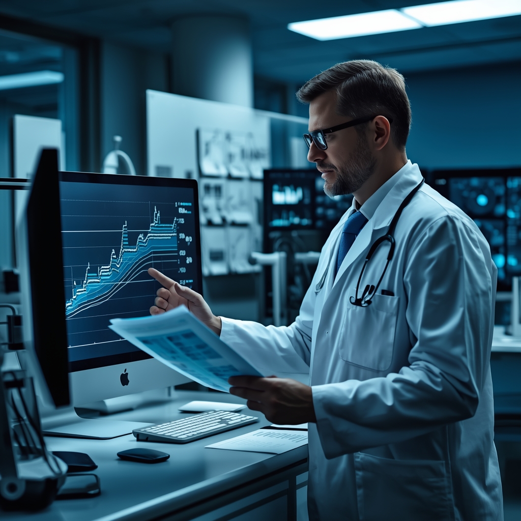 A professional male doctor reviewing medical charts in a high-tech blue medical office, 4k resolution